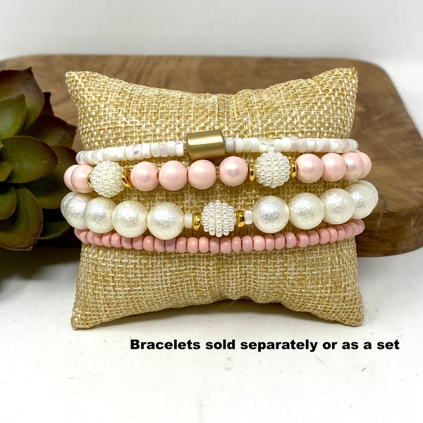 Pale Pink and Ivory Boho Beaded Stretch Bracelet Set Off White, Light Pink, and Gold Everyday Stack Bracelet Sets (5018)