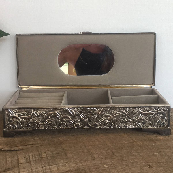 Metal Jewelry Box Silver Gray Plush Felt Lined Vintage Jewelry Box Mirror Intricate Floral Design Detail Gift for Her Lady's Metal Jewel Box