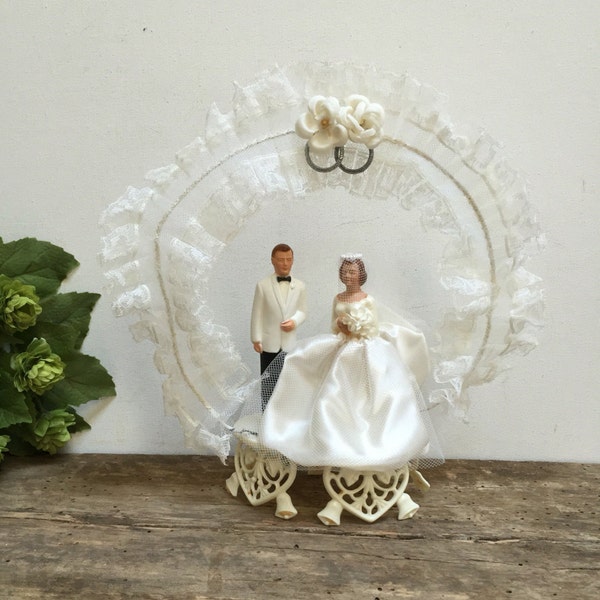 Antique Wedding Cake Topper Bride and Groom Vintage Mid-Century Bridal Couple White Lace Brown Hair Classic Wedding Decor