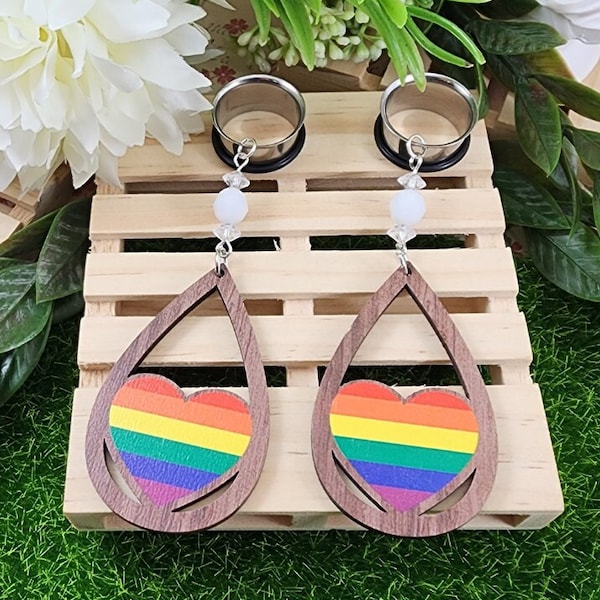 The Rainbow Heart Pair, Dangle Gauge & Plug Earrings, Stretched Ears, Pierced Lobes, LGBTQIA+ Pride, Wooden Jewelry, Single Flare Tunnels