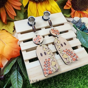 The Fall Floral Ghost Pair, Dangle Gauge & Plug Earrings, Spooky Halloween Jewelry, Single Flare Tunnels