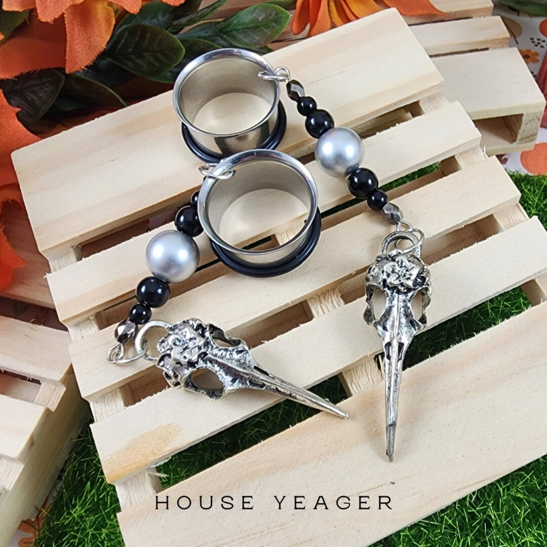 The Bird Skull Pair, Dangle Gauge & Plug Earrings, Spooky Halloween ...