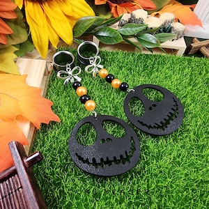 The Faux Leather Skellington Pair, Dangle Gauge & Plug Earrings, Stretched Ears, Nightmare Christmas, Spooky Halloween Jewelry