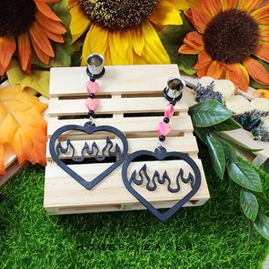 The Faux Leather Canned Heat Pair, Dangle Gauge & Plug Earrings, St. Valentine&#39;s Day Jewelry, Single Flare Tunnels