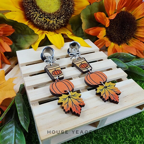 The Pumpkin Spice Autumn Pair, Dangle Gauge & Plug Earrings, Stretched Ears, Pierced Lobes, Spooky Halloween Jewelry, Single Flare Tunnels