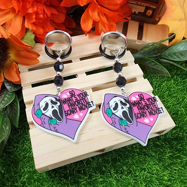 The Scream Phone Pair, Dangle Gauge & Plug Earrings, Stretched Ears, Pierced Lobes, Spooky Halloween Jewelry, Single Flare Tunnels