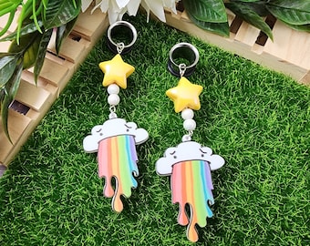 Randy the Rainbow Pair, Dangle Gauge & Plug Earrings, Stretched Ears, Pierced Lobes, Cute  Fun Kawaii, Wooden Jewelry, Single Flare Tunnels