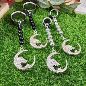The Scary Silver Moon Skull Pair, Dangle Gauge & Plug Earrings, Spooky Halloween Jewelry, Single Flare Tunnels