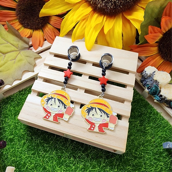 The Straw Hat Pair, Dangle Gauge & Plug Earrings, Stretched Ears, Pierced Lobes, Cute Cartoon Anime Jewelry, Single Flare Tunnels