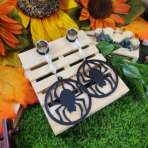 The Faux Leather Spider Pair, Dangle Gauge & Plug Earrings, Spooky Halloween Jewelry, Single Flare Tunnels