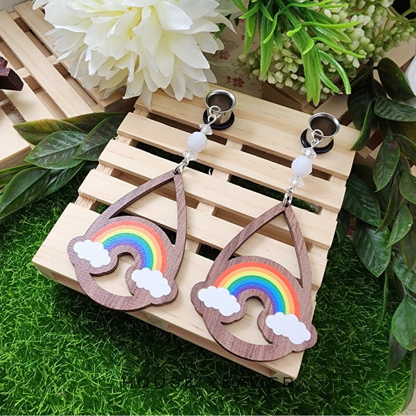 The Rainbow Cloud Pair, Dangle Gauge & Plug Earrings, Stretched Ears, Pierced Lobes, LGBTQIA+ Pride Jewelry, Single Flare Tunnels