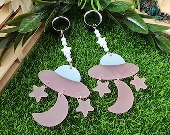 Pastel UFO Plugs: Alien Dangle Gauges with Star and Moon Charms