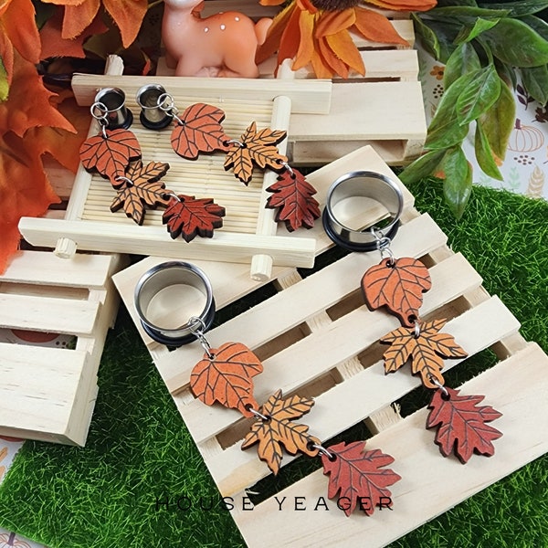 The Autumn Leaves Pair, Dangle Gauge & Plug Earrings, Stretched Ears, Pierced Lobes, Spooky Halloween Jewelry, Single Flare Tunnels