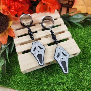 The Scream Ghostface Pair, Dangle Gauge & Plug Earrings, Spooky Halloween Jewelry, Single Flare Tunnels
