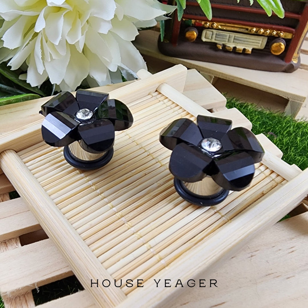 Black Diecut Flower Plugs Ear Gauges Earrings for Plugs Etsy