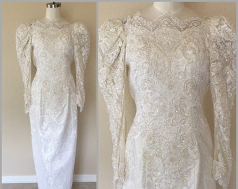 Mori Lee Vintage Wedding Dress, Pearl Beaded Dress, Long Sleeved Wedding Dress, Modest Bridal, Long Sleeves, Elopement Dress, size XXS