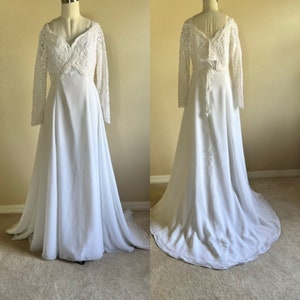 Vintage wedding gown, modest bridal dress, long sleeve wedding, embroidered wedding lace, temple wedding, country girl, size 12, fit 8