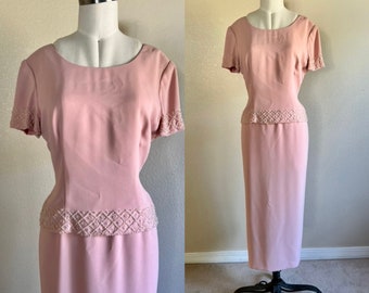 Vintage Tabots blush pink, blush dress, mother of bride pink, pastel pink dress, mid calf length, size 10