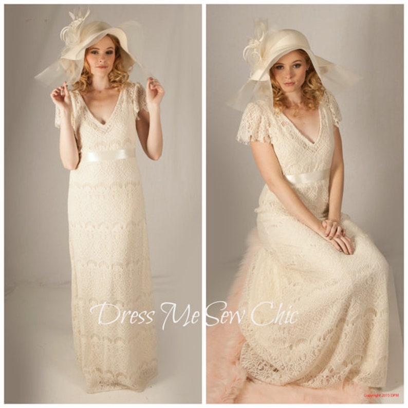 Bobo cotton lace dress, Bohemian wedding, ivory cotton lace, cream cotton wedding, vintage-inspired wedding, V neck, cap sleeves, size 8 image 1