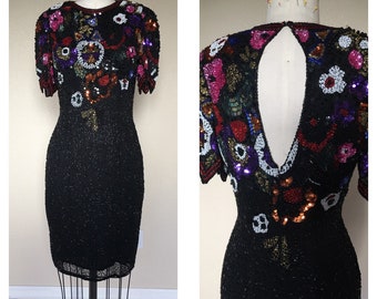 Vintage black sequin dress, red black sequins,  beaded mini, size S