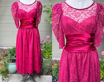 Vintage Red Wine Dress, Red Lace Dress, Mid Calf Length, Short Sleeves, Modest Red Gown, Burgundy Red Dress, Bridesmaids, Size L (8)