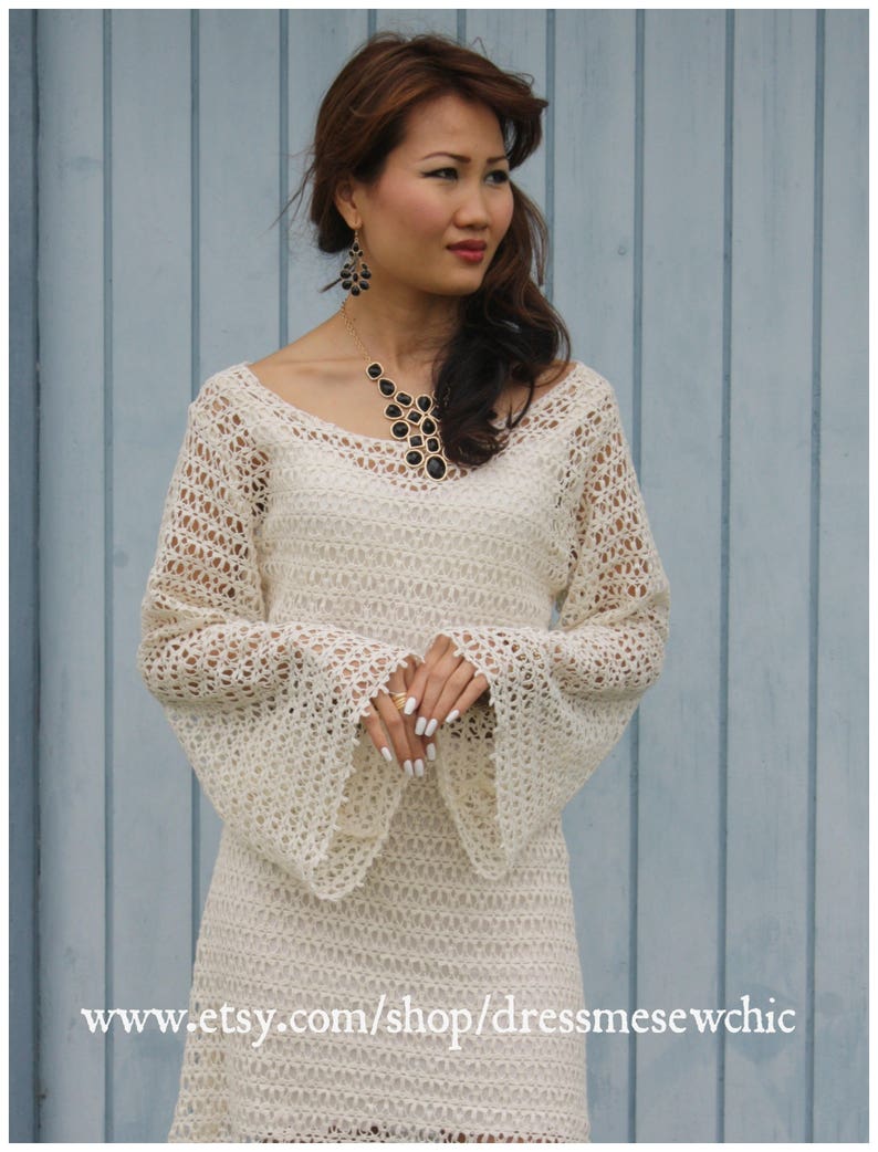 Ivory cotton crochet lace Size L bell sleeves short lace dress hippie lace dress 8 Boho chic mini mini Bohemian lace dress