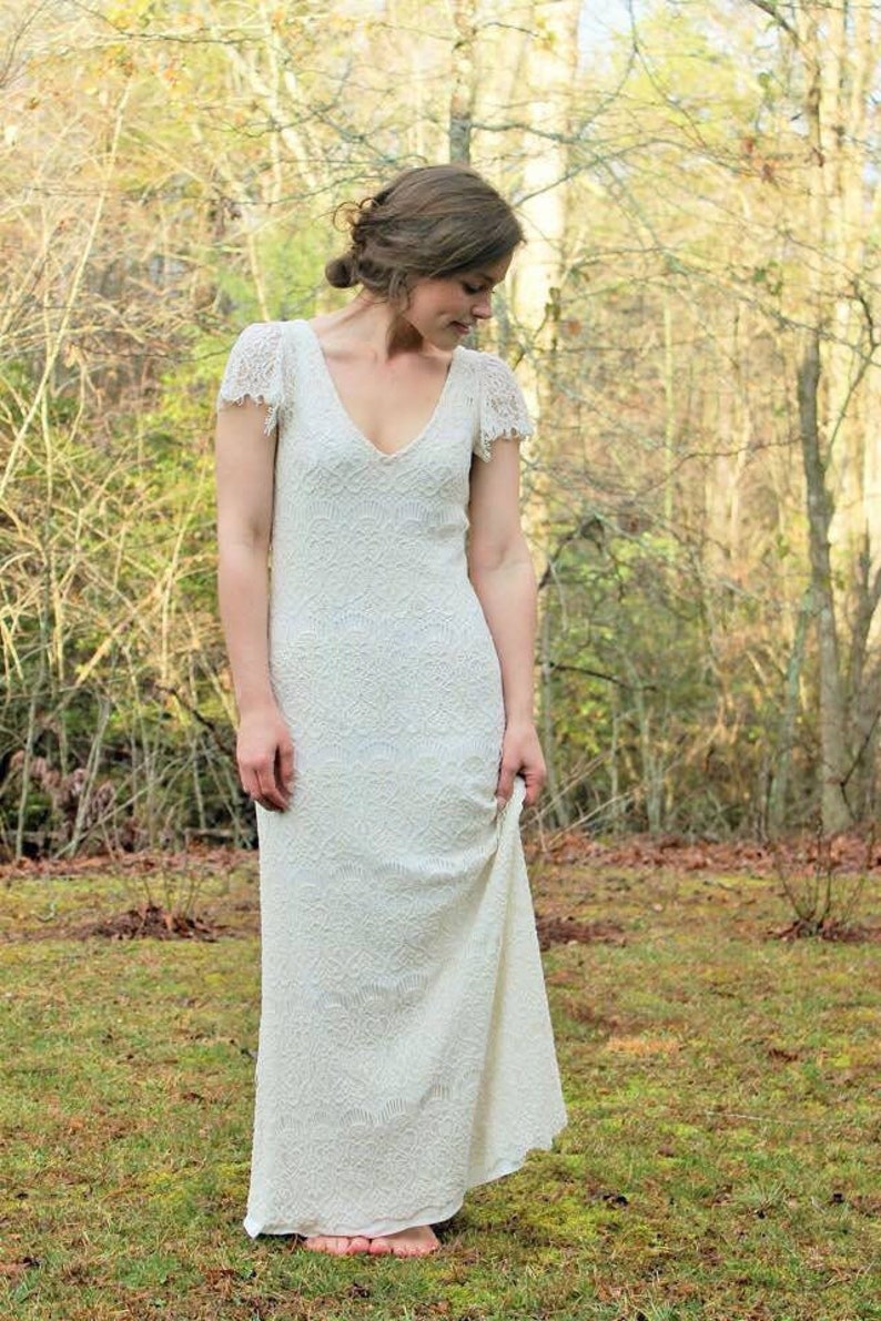 Bobo cotton lace dress, Bohemian wedding, ivory cotton lace, cream cotton wedding, vintage-inspired wedding, V neck, cap sleeves, size 8 image 3