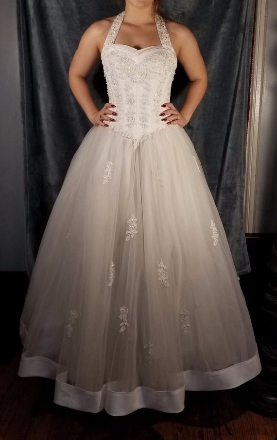 Halter White Tulle Beaded, Wedding Dress, Princess