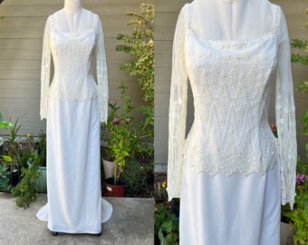 Vintage Ivory wedding dress, vintage cream bridal dress, chiffon wedding, bohemian wedding, mother of bride, Jessica McClintock Size 6-8