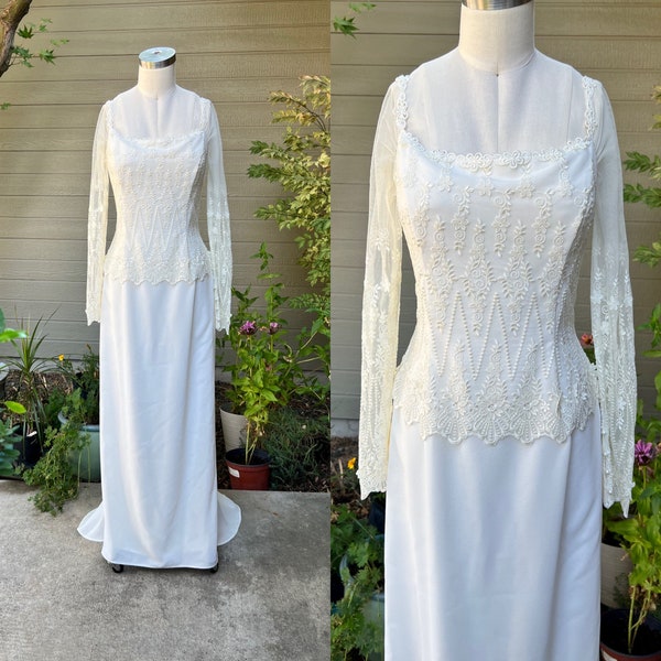 Vintage Ivory wedding dress, vintage cream bridal dress, chiffon wedding, bohemian wedding, mother of bride, Jessica McClintock Size 6-8