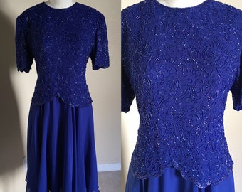 Vintage blue sequin dress, royal blue mini dress, beaded short sleeves, blue short dress, size XL-XXL (12)