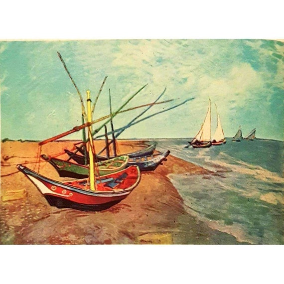 THE SEA AT LES SAINTES MARIES DE LA MER FRANCE BOAT PAINTING BY VAN GOGH REPRO