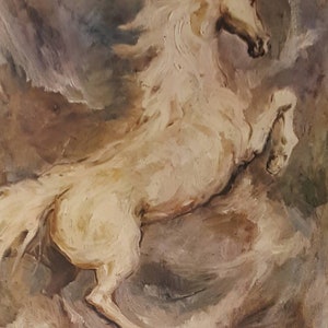 May include: Oil painting of a white horse rearing up, with a flowing mane and tail. The horse is set against a backdrop of swirling, muted brown and gray tones. The artwork is signed in the lower right corner.