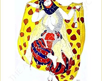 May include: An illustration of a person in a colorful costume. The figure is wearing a yellow cloak with brown spots, a red and blue patterned outfit, and a head covering. The artwork has a vintage style.