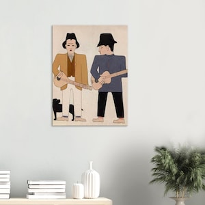 May include: Illustration of two figures playing guitars, one in a tan jacket and the other in a blue jacket. The figures are wearing hats and standing on a beige background. A black dog is present.