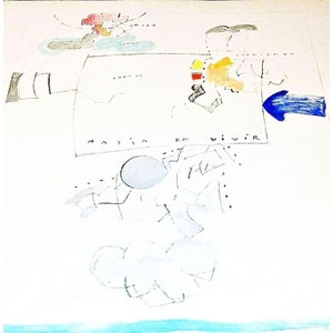 Puede incluir: Una pintura abstracta en acuarela con las palabras "Ansia de Vivir" y "Juntos". La obra presenta una flecha azul, una nube azul claro y varias formas en rojo, amarillo y gris. El tema general es artístico y expresivo.