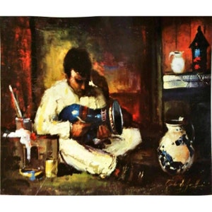 May include: An oil painting depicts a person seated, holding a blue drum. The person is wearing white clothing. Paintbrushes and paint pots are on the left. A white pitcher and a decorative birdhouse are on the right.