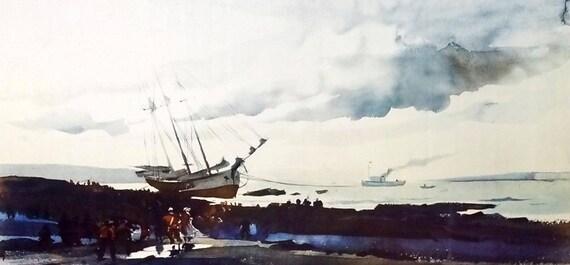 Andrew Newell Wyeth Schooner Aground Original Collotype  display picture 1