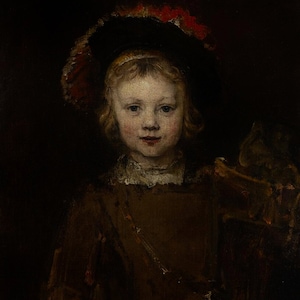 May include: A portrait of a young person, rendered in dark tones. The subject wears a dark hat with red accents and a brown outfit. The person has fair skin, blonde hair, and a slight smile, creating a sense of warmth against the somber background.