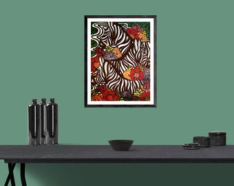 May include: A framed artwork featuring a zebra stripe pattern with colorful floral accents in red, yellow, and green. The artwork hangs on a teal wall above a black table with decorative black bottles and a bowl.