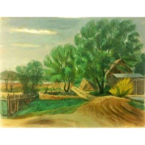 May include: An oil painting depicting a rural landscape with a dirt road leading towards a barn and trees. The artwork features a wooden fence, green foliage, and a cloudy sky. The color palette includes shades of green, brown, and blue.