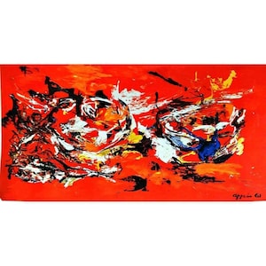 May include: Abstract painting with a red backdrop. The artwork showcases energetic brushstrokes in white, black, yellow, orange, and blue. Signed "appin 61" in the bottom right corner. A vibrant display of colour and movement.