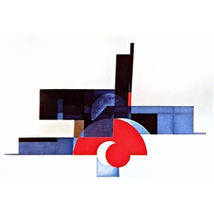 May include: Abstract geometric artwork featuring a composition of shapes in red, blue, black, and white. The design includes a red semi-circle with a white crescent, and rectangular and square shapes.