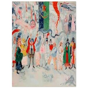 May include: An abstract painting depicting a crowd of figures in colorful attire. A large flag with a star and crescent is visible. The artwork features a mix of reds, greens, blues, and whites, with a whimsical, expressive style.