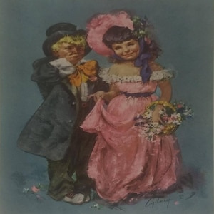 May include: An illustration of a man and woman in vintage attire. The woman wears a pink dress and a large hat, holding a basket of flowers. The man wears a black coat and hat. The background is a light blue.