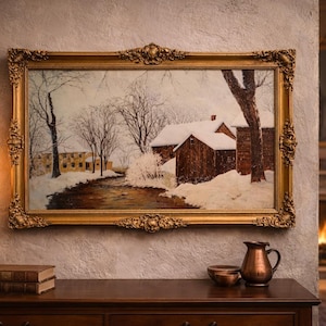 Patsy Santo Winter Lithographie | Vintage amerikanische Volkskunst-Landschaft