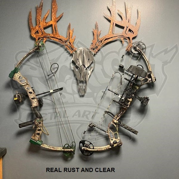 Metal Deer Skull Bow Rack, Single bow rack - Handmade in US, Euro Mount, Compound Bow, Long Bow, Archery, Bow Hunting