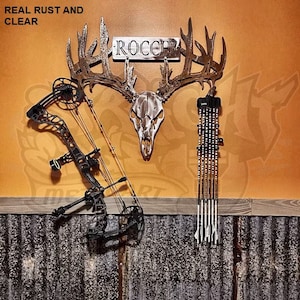 Metal Deer Skull Bow Rack with Custom Name Plate or Logo - Handmade in US,  Euro Mount, Compound Bow, Long Bow, Archery, Bow Hunting
