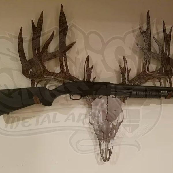 Deer Skull Rifle or Shotgun Rack, Custom name or logo Integration Welcome! - Euro Mount, Deer Hunting, Gift