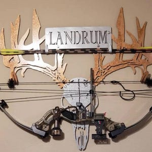 Metal Deer Skull Bow Rack: Handmade Archery Organizer, Custom Nameplate, 2-Bow Holder